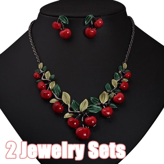 SPRING PARK 2 Sets Women's Vintage Cherry Fruit Jewelry Simulated Pearl Necklace Bracelet and Earrings Bridal Jewelry Set