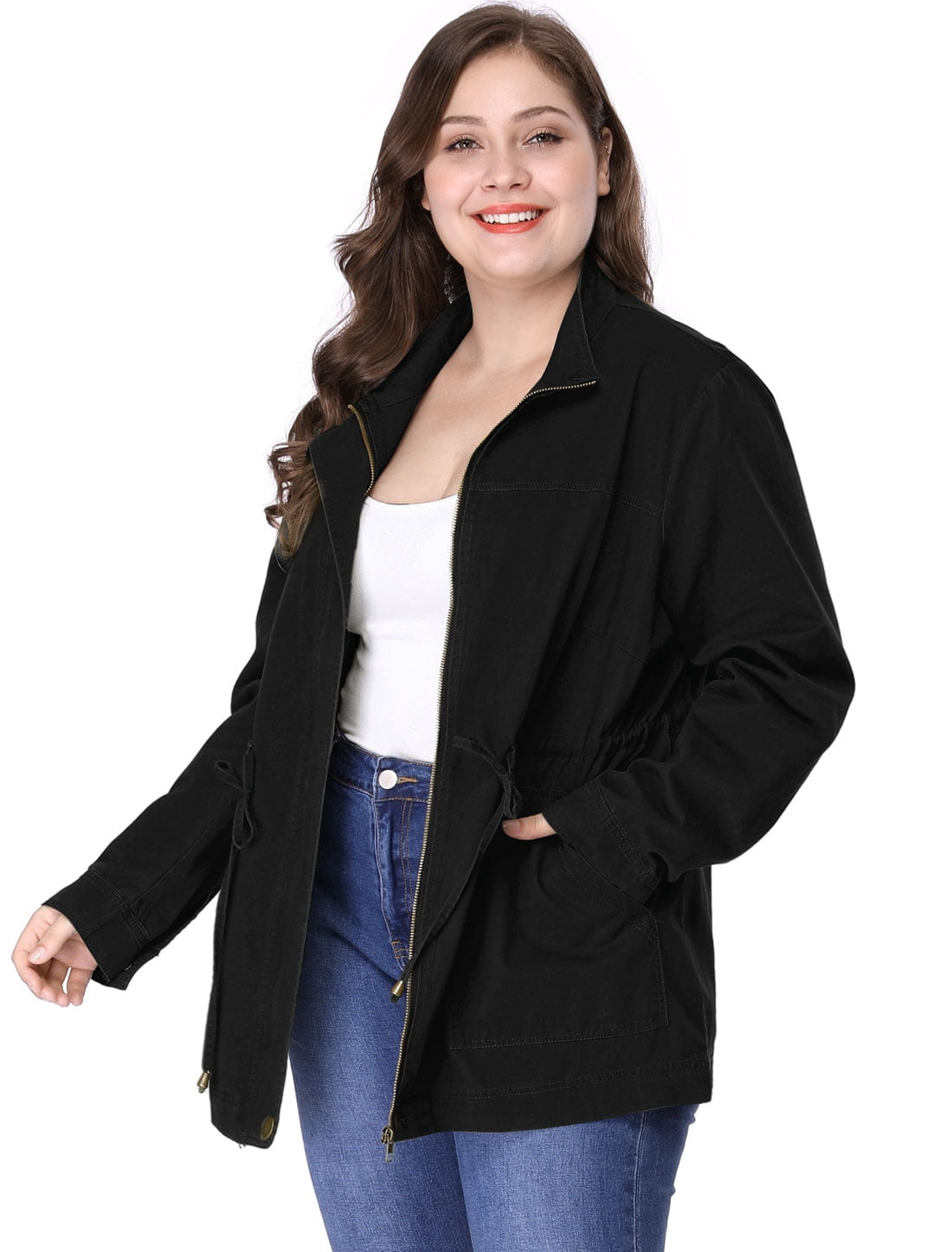 DARING DIVA Women's Plus Size Drawstring Waist Zip-up Utility Jacket 6X Black