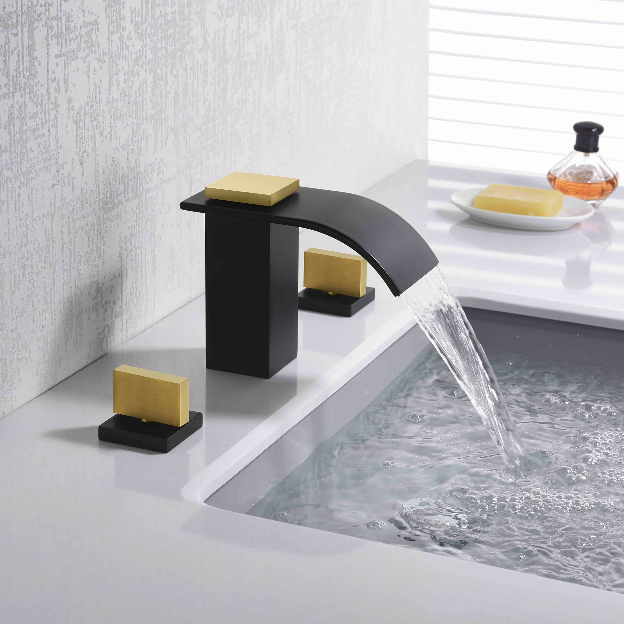 SUMERAIN Widespread Bathroom Faucet 8" 3 Hole Waterfall Basin Faucet, Black and Gold Finish