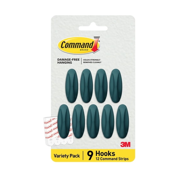 Command Medium Designer Hooks, Twilight Teal, Holds 3 lbs, 9 Hooks, 12 Adhesive Strips