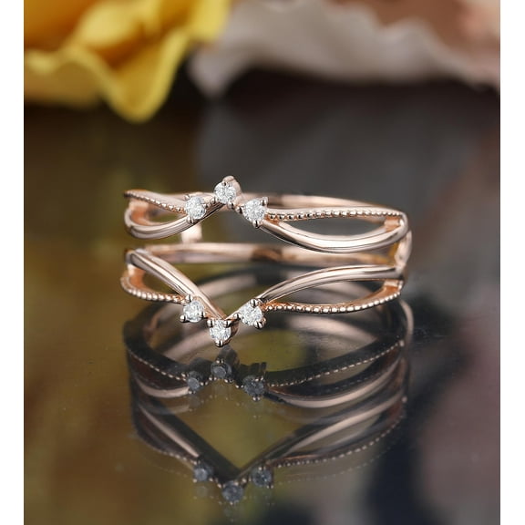 Bluebell Jewels Double Curved Enhancer Guard wedding band, 14K Rose Gold Finish stacking ring Round Cut CZ