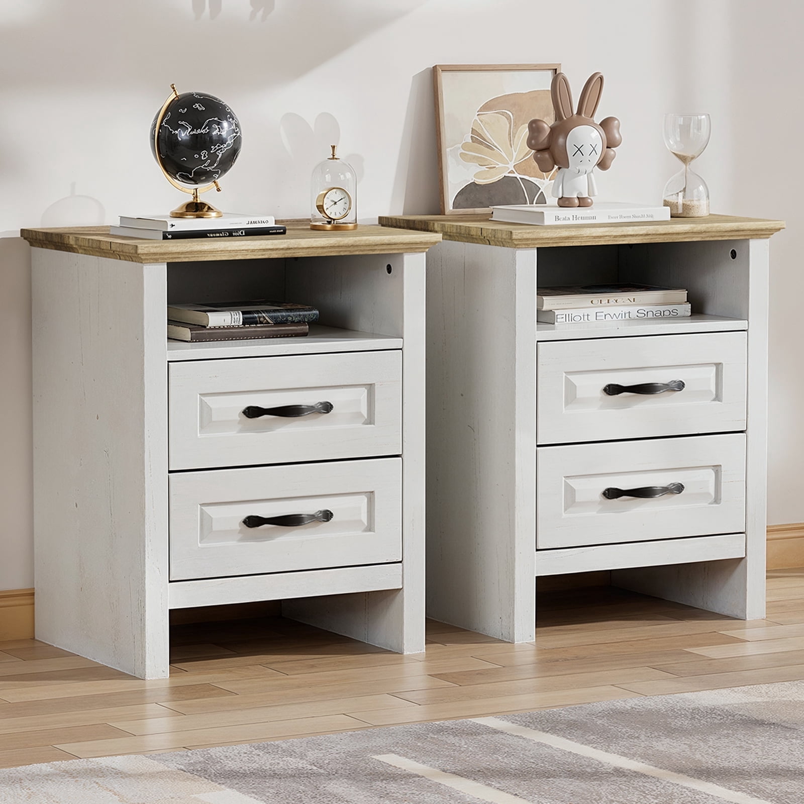 CHITOOMA Nightstand Set of 2 with Charging Station, 2-Drawer Farmhouse Bedside Table with Open Shelf, Small Wood End Table for Bedroom Living Room, White & Brown