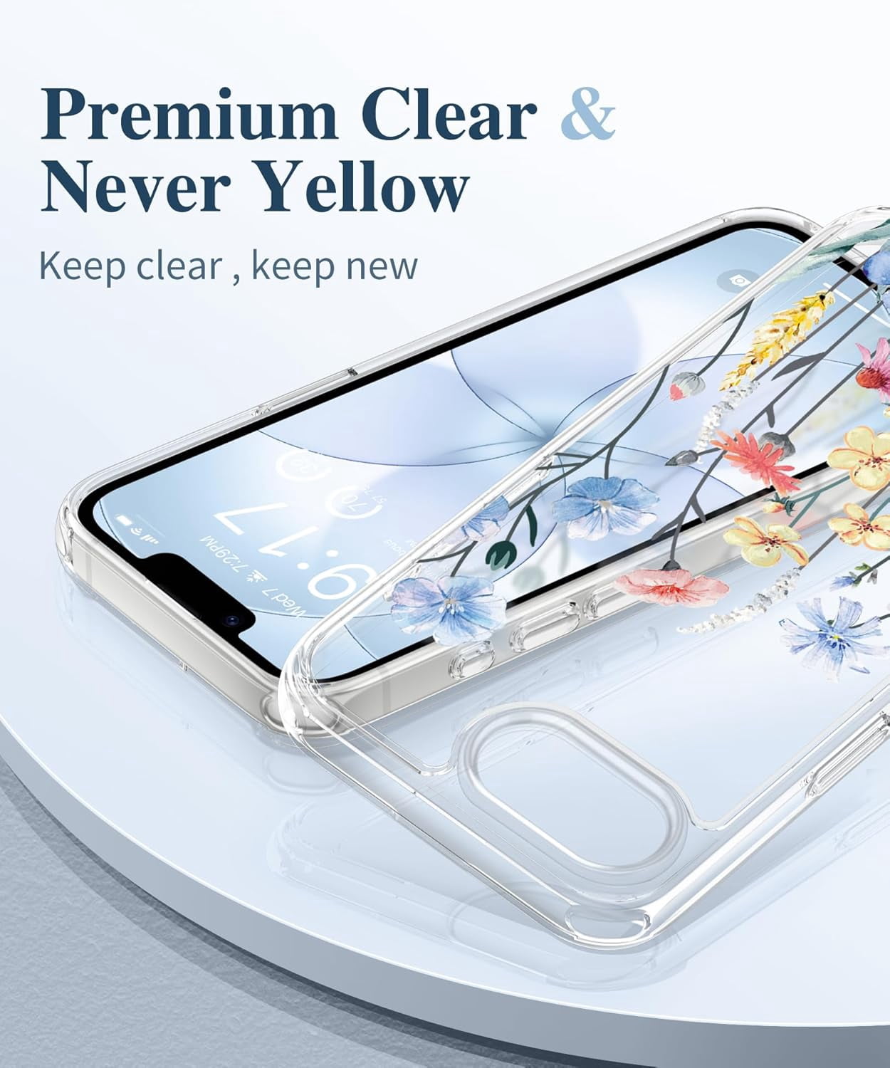 for iPhone 17e Case & iPhone 16e Case, [Non-Yellowing][Military-Grade Protection] Hard PC&TPU Bumper, Floral Shockproof Protective Clear Phone Case (Aconite/Light Blue)