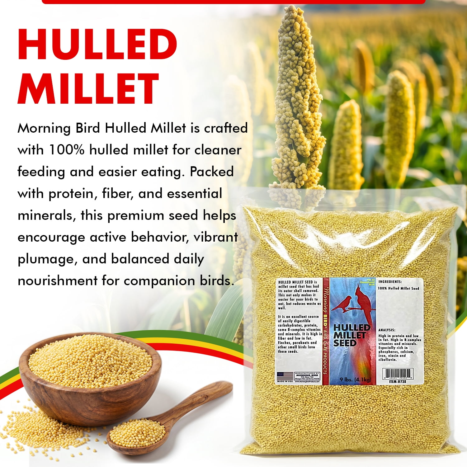 Morning Bird Hulled Millet 18 lbs (2-Pack, 9 lbs Each) – Bird Food for Parakeets, Finches & Canaries – Easy-to-Digest Millet Seed for Daily Nuupplements for Birds, Ideal Bird Feed for All Bird Types,