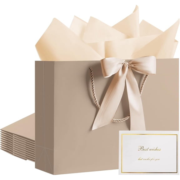 12.6" Gift Bags Bulk, 10 Pcs Gift Bags with 20 Tissue Paper 10 Greeting Cards, Luxury Bag with Handles for Wedding Birthday Graduation Fathers' Day (Champagne)