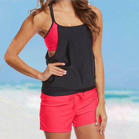 IDALL Tankini Swimsuits Bathing Suit Two Piece Tankini Swimsuits For Women Patchwork Tank Top With Boyshorts Tummy Control Bathing Suits Swim Suits for Women 2025 Womens Swimsuits Red XL