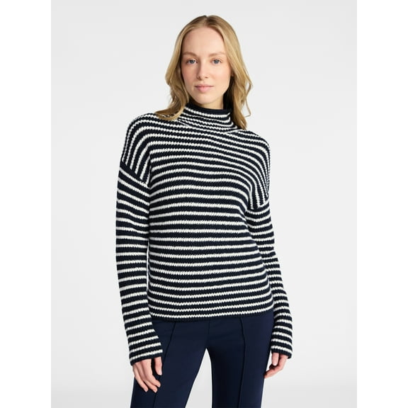 Time and Tru Women's Stripe Funnel Neck Sweater with Long Sleeves, Midweight, Sizes, XS-XXXL