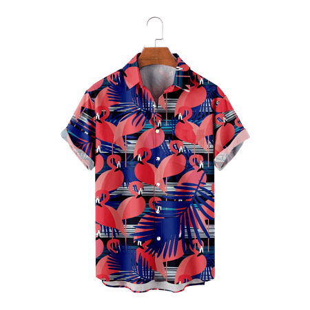 

MLFU Unisex Youth Flamingo Short Sleeve Button Up Shirt Tropical Beach Aloha Tops Retro Clothing Plus Size Men