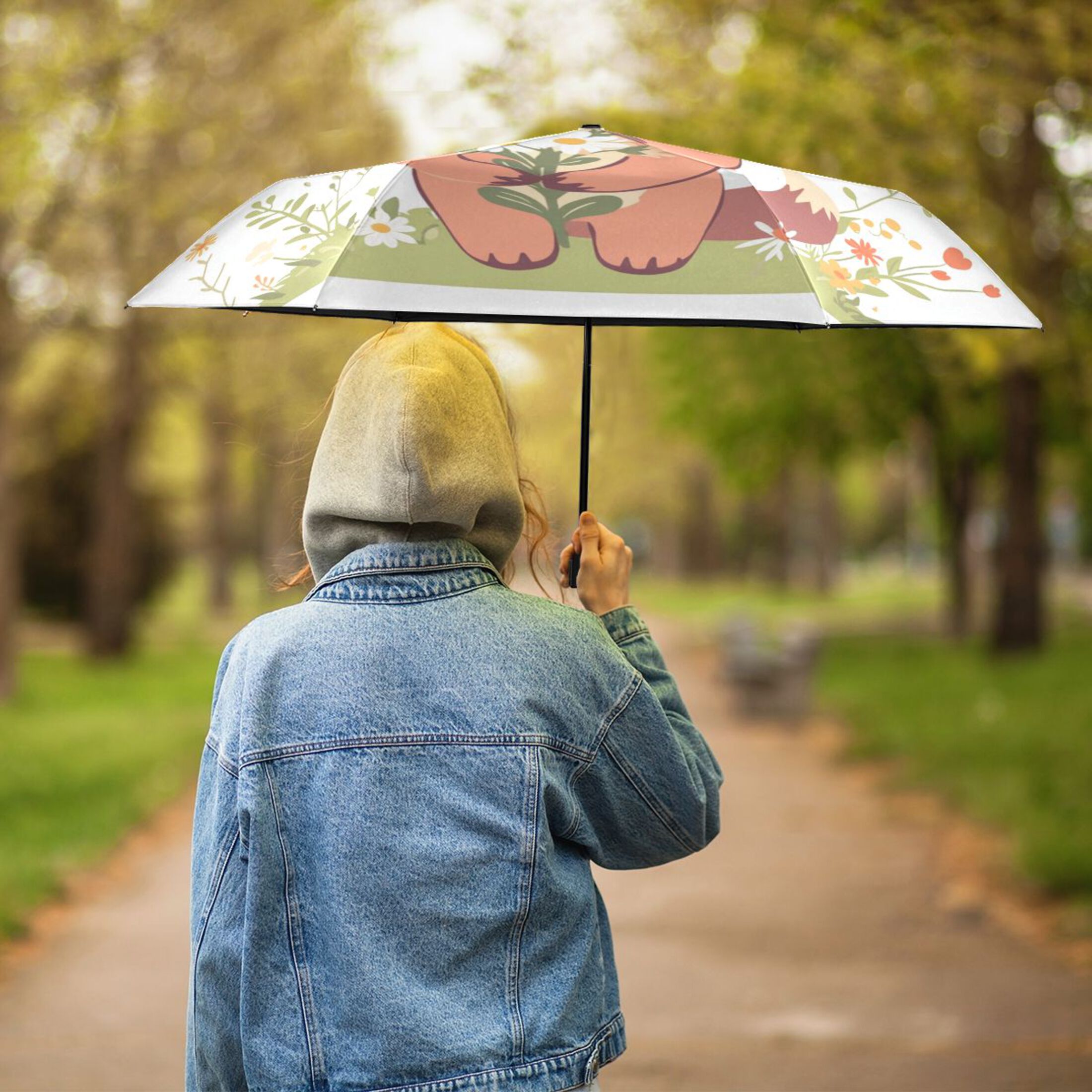 Cute Fox Holding Flowers All Weather Umbrella Triple Folding Parasol 6 Ribs UV Protection Portable