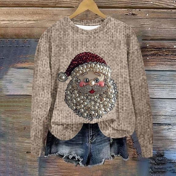 Ounisa Santa Claus Sweatshirt Women's Christmas Glitter Patch Letter Print Long Sleeve Pullover Top