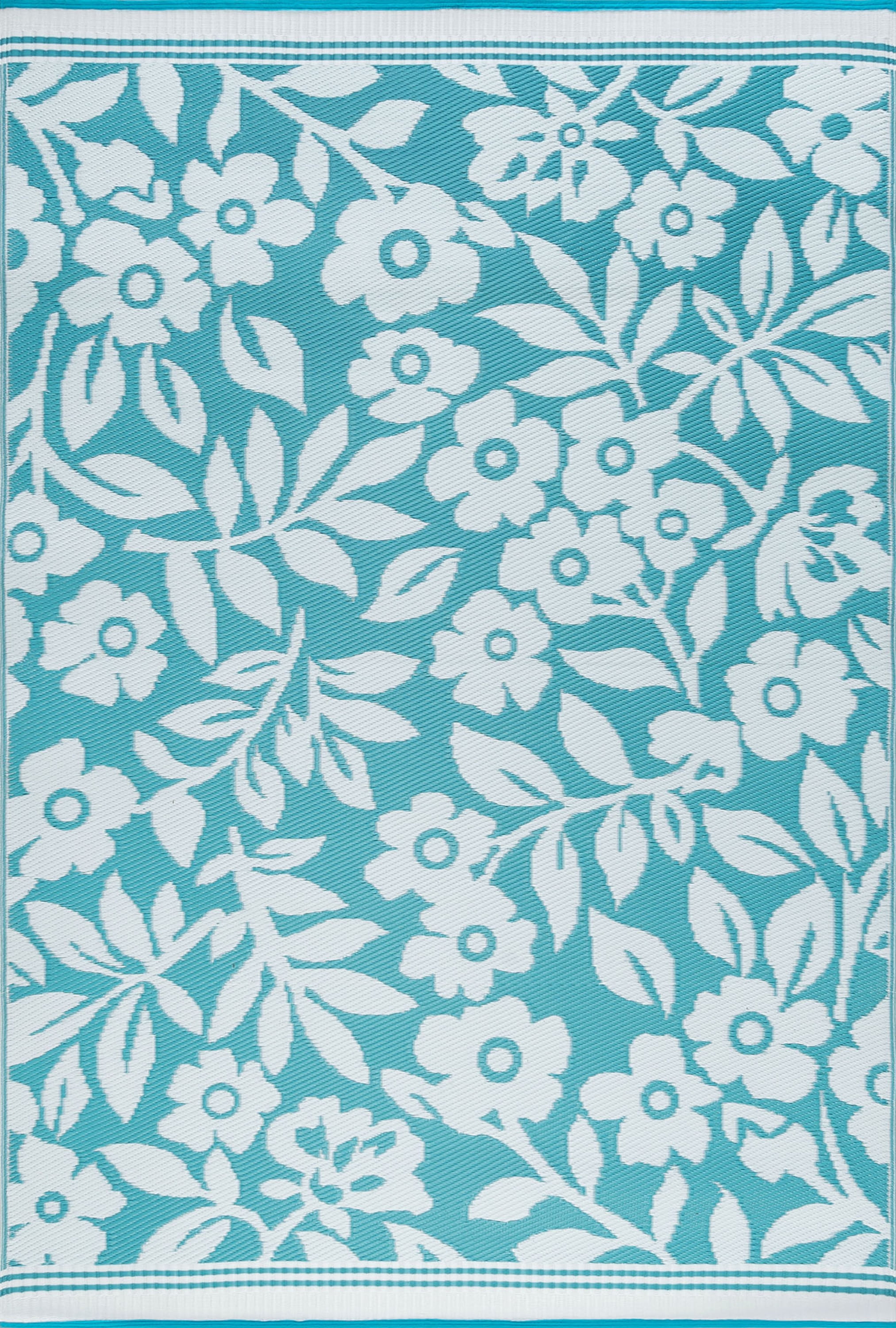 6x9 Reversible Aqua and White Polypropylene Outdoor Floral Area Rug