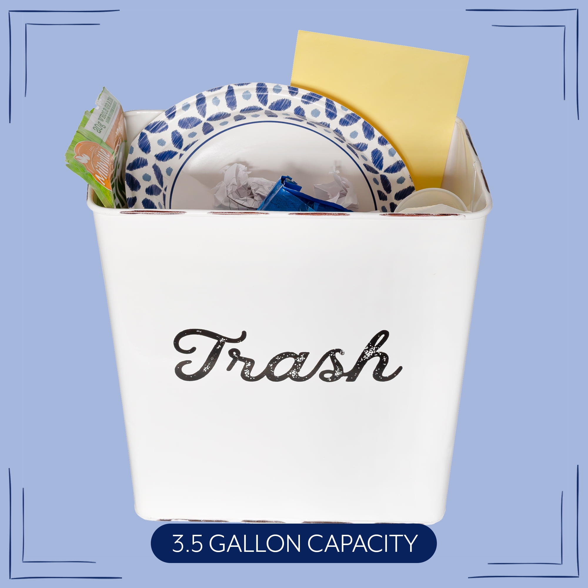 AuldHome Design White Enamel Trash Can, Rustic Farmhouse Wastebasket for Bathroom, Bedroom, or Office