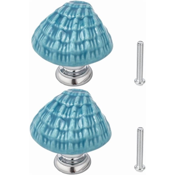 2Pcs Ceramic Drawer Knobs 31x31x29mm Blue Shell Cabinet Knobs with Alloy Findings and Screws Cabinet Pulls Handles for Kitchen Cupboard Bathroom Door Drawer Hardware for DIY