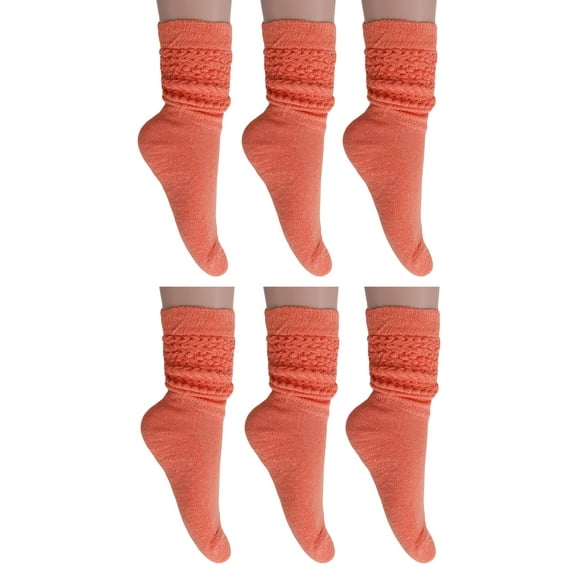 Women's Light Orange Cotton Slouch Socks 6-Pack - 21" Adjustable Knee-High to Ankle Socks (Fits Shoe 5-10)