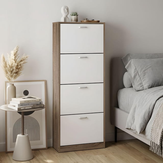 Mueble Zapatero Organizador de Calzado 4 Cajones Blanco y Madera, Clóset para Zapatos hasta 24 Pares marron M