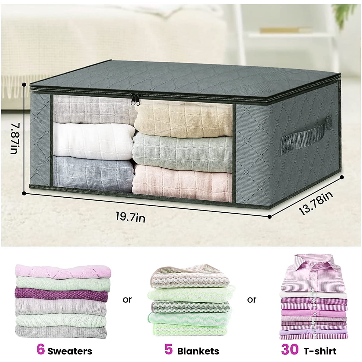 Rirool Foldable Storage Box, 6 Pack Clothes Organizer with Clear Windows, Sturdy Handles Storage Bag 19.7 x 13.78 x 7.87 inches, Gray