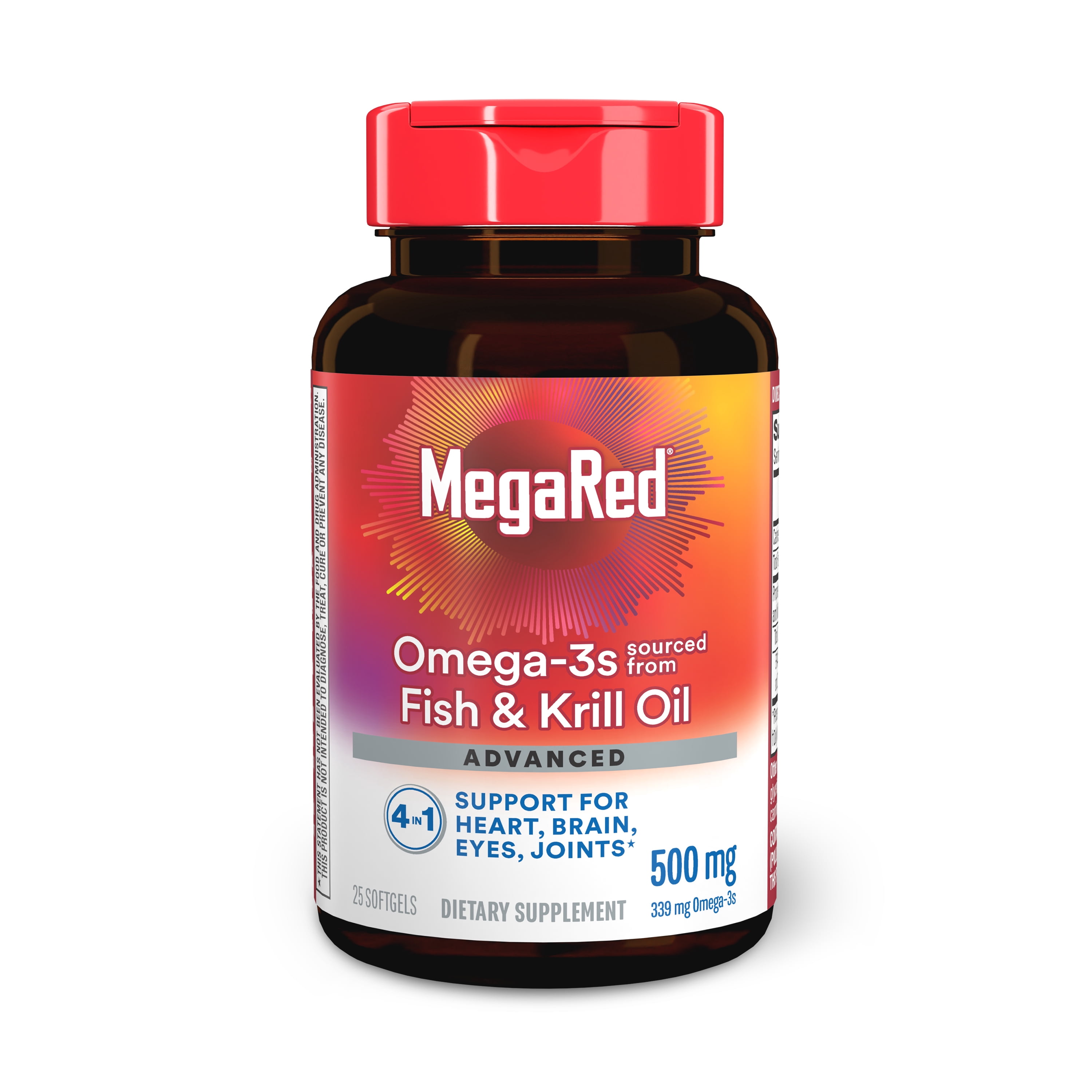 (3 pack) MegaRed Advanced 4in1 500mg Omega-3 Fish Krill Oil Supplements, Heart Brain Eyes Joints Health Omega 3, 25 Softgels