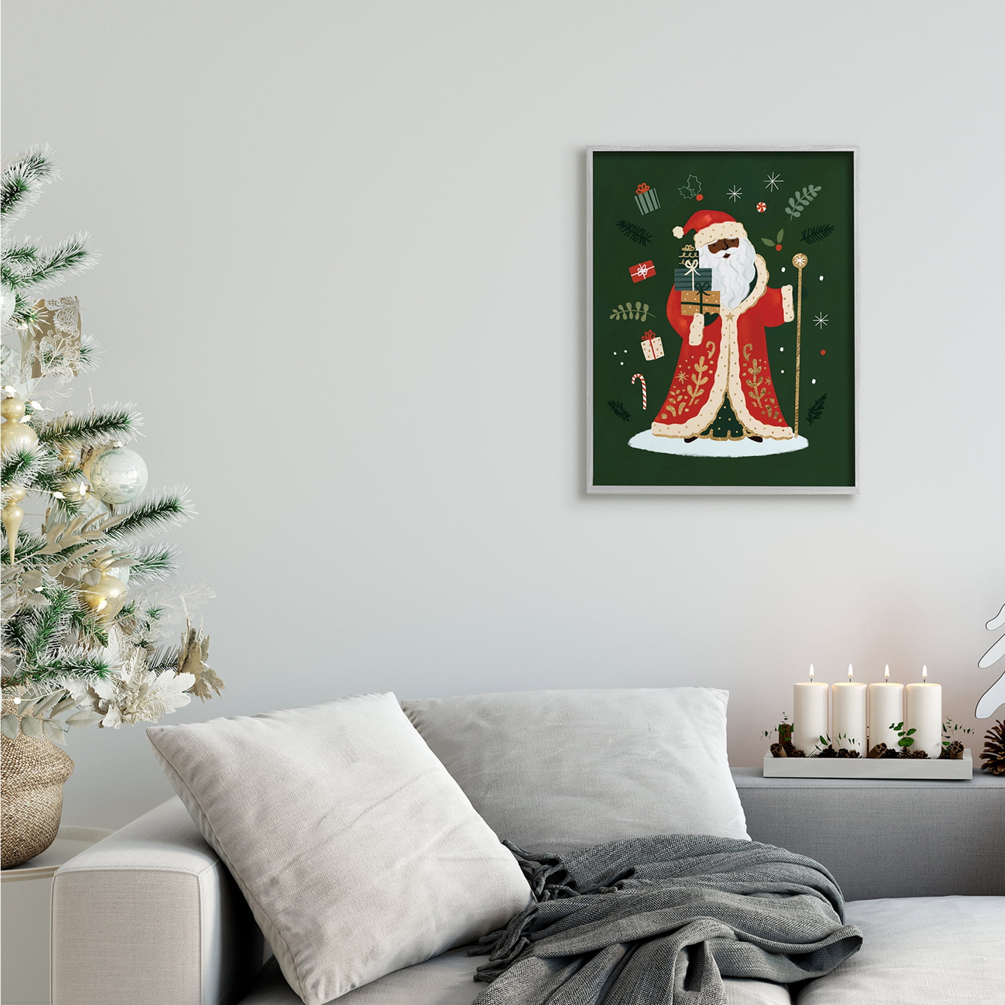 Stupell Industries Festive St. Nick Green Christmas Winter Holiday Holiday Painting Gray Framed Art Print Wall Art, 16 x 20