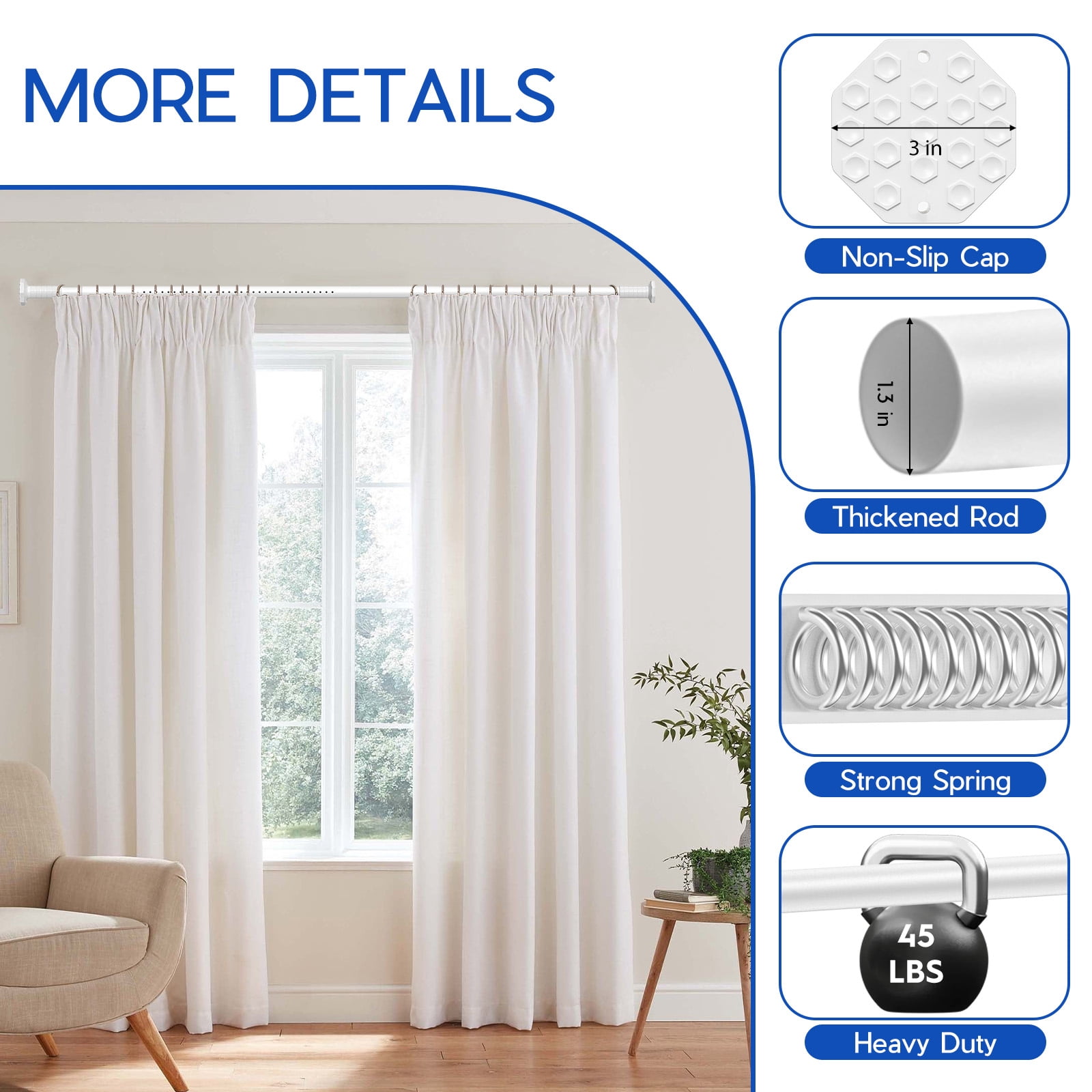 GIRACOA 2-in-1 Adjustable Curtain Rod, No Drill Tension & Screw Mount, Octagon Anti-Slip Base, Holds 40 lbs, Rust-Resistant for Bathroom Bedroom Living Room Patio (51-109 Inch, White)