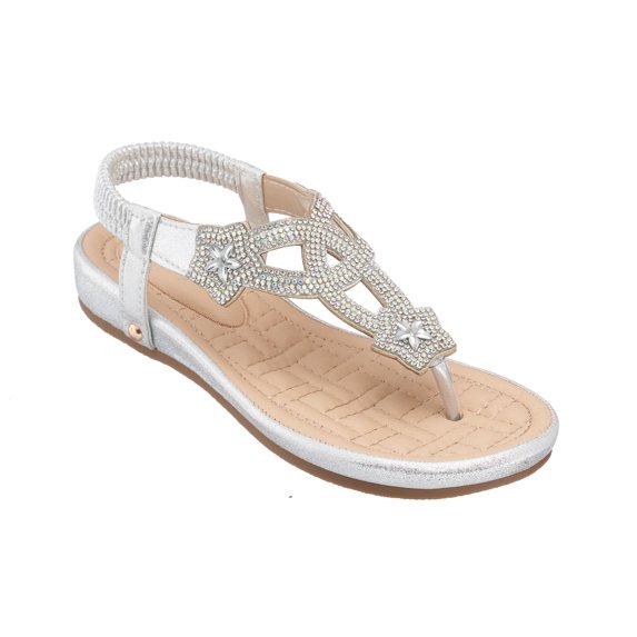 GC Shoes Womens Memory Foam Comfort Flat Wedge Sandals, Ankle Strap Rhinestone Thong Platform Sandal Flats, Eva/Silver/9