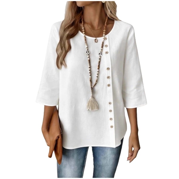 Mujeres 3/4 Manga Tops Y Blusas de Color Sólido con Botones Cuello Redondo Casual Top de Moda 3/4 Manga Tops Casuales para Mujeres