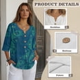 thumbnail image 6 of Xoenoiee Peacock Feathers Print Womens Tops Dressy 3/4 Length Sleeve Henley V Neck Button Down Shirts Pleated Gauze Blouses Plus Size, XL, 6 of 7
