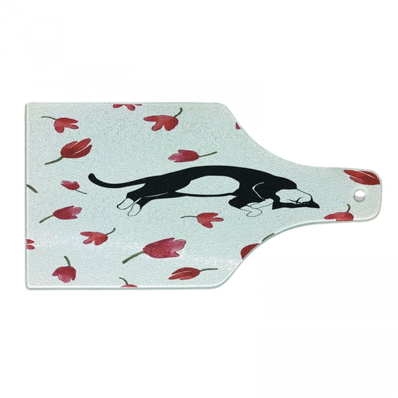 Modern Cutting Board, Kitty Sleeping Surrounded by Tulips Cat Animal Pet Creature Print, Decorative Tempered Glass Cutting and Serving Board, Wine Bottle Shape, Black White Pink, by Ambesonne