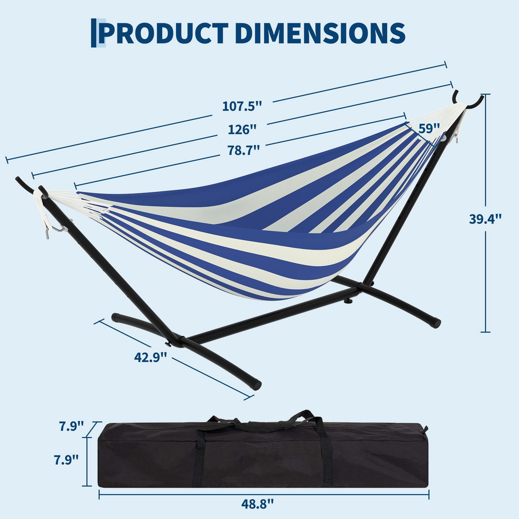 Portable Double Hammock with Heavy-Duty Steel Stand – 450 lbs Capacity, Durable Space-Saving Design, Polyester Cotton Fabric – for Outdoor, Patio, Garden, Camping, Carry Bag Included