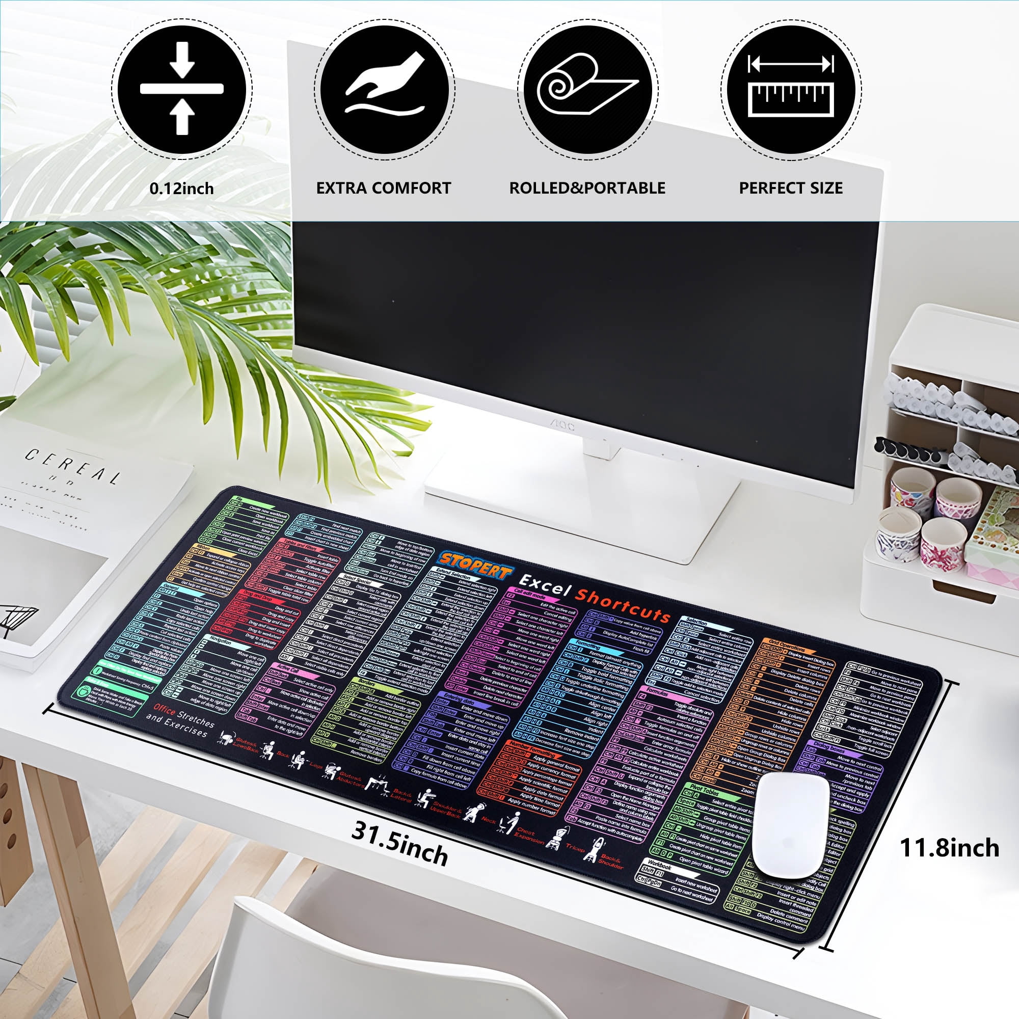 Office Excel Cheat Sheet Desk Pad Mat, XL Excel Shortcuts Mouse Pad Gaming, Large Mouse Pads for Desk, 31.5”x11.8” Desk Matt for Desktop, Waterproof Anti Slip Computer Keyboard Pad with Shortcuts