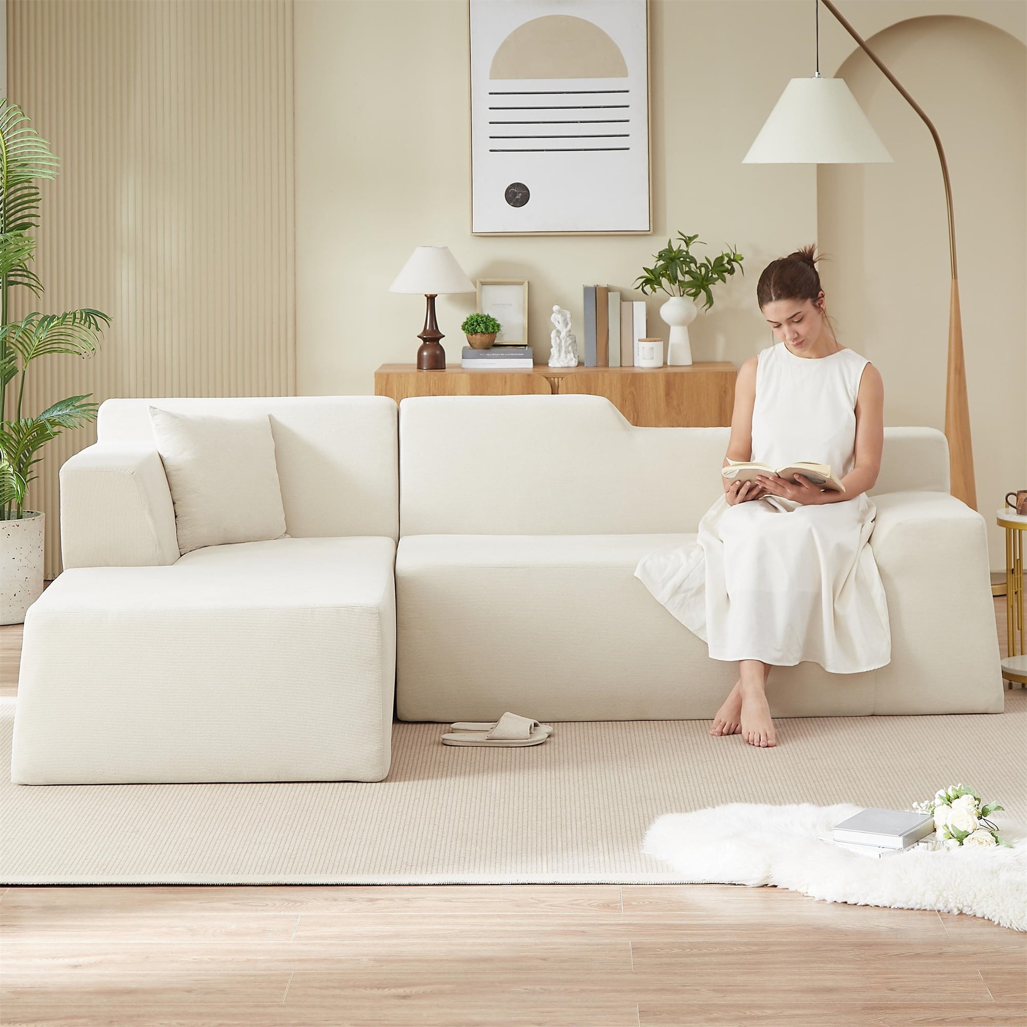 Aukfa 97" Cloud Sectional Sofa Trapezoid Boneless Couch Modular Sofa Bed for Living Room, Left Chaise, Beige