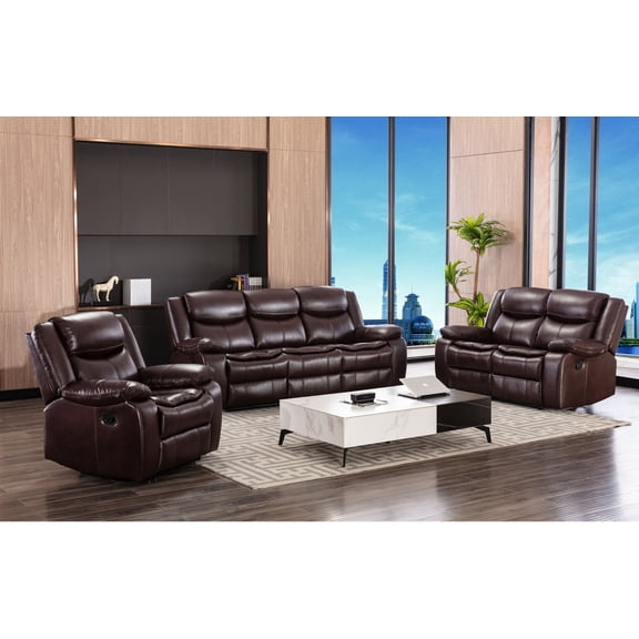 Manual Recliner Loveseat Sofa Set with Pull Tab Reclining, Brown Two-Piece Sectional for Living Room Comfort with Pocket Spring Support