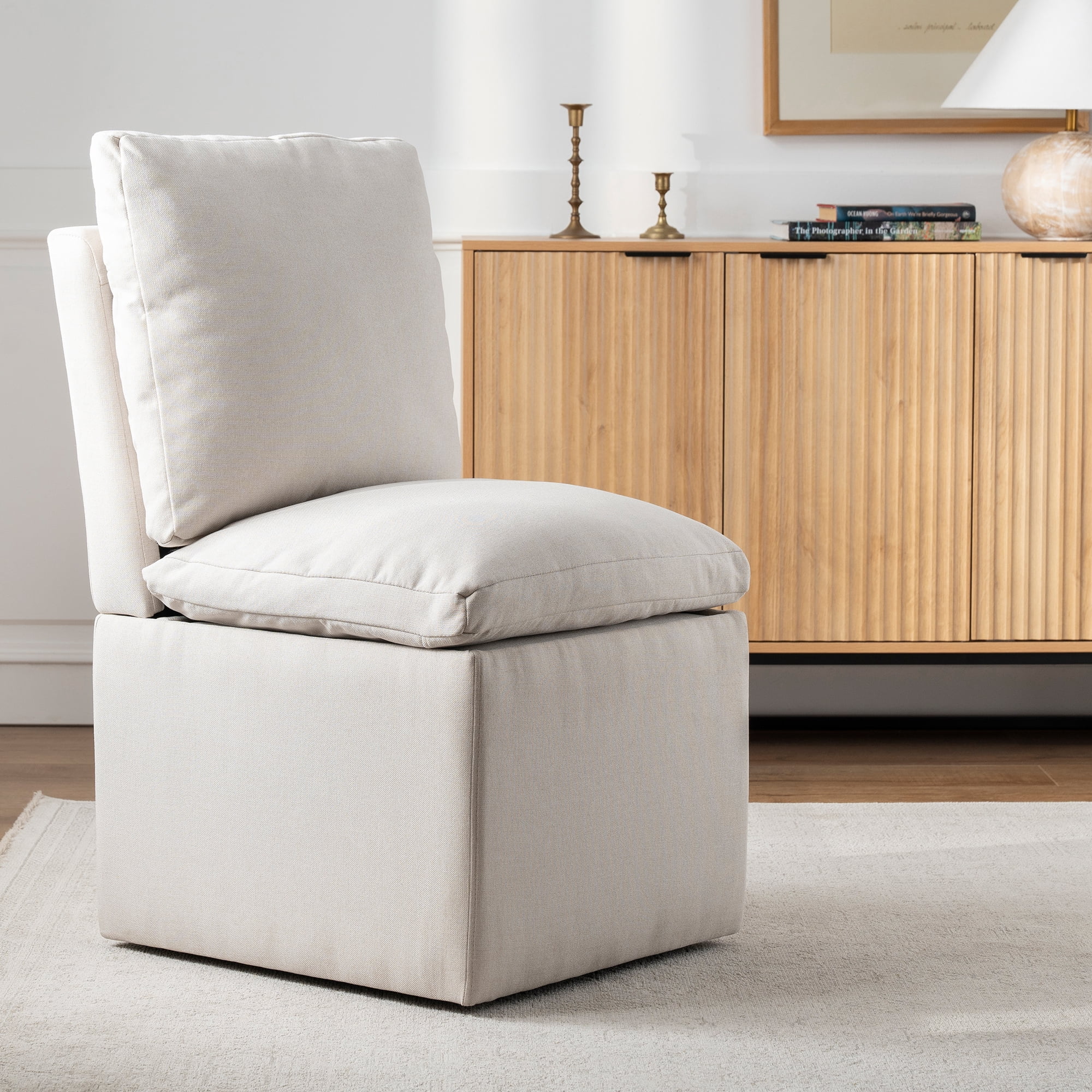 EYYTHUNG Modern Dining Chair with Casters Set of 4, Upholstered Dining Room Chairs with Concealed Storage Space, Linen Fabric Armless Seat