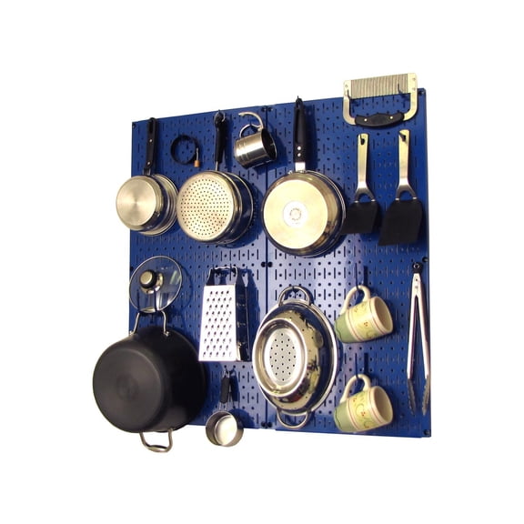 Wall Control Kitchen Pegboard Organizer Pots and Pans Pegboard Pack Storage and Organization Kit with Blue Pegboard and Blue Accessories