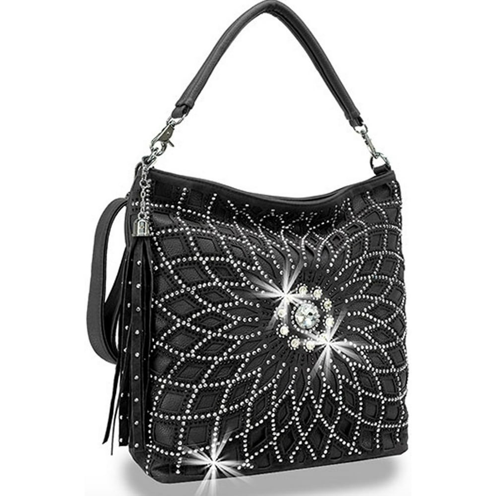 Zzfab Starburst Rhinestone Hobo Bag with Shoulder Strap Black