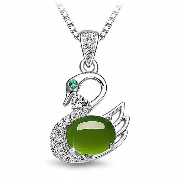 Silver Tone Green Jade Swan Pendant Necklace for Women, Cubic Zirconia Pave Swan Necklace with Box Chain, Elegant Animal Pendant Jewelry Gift