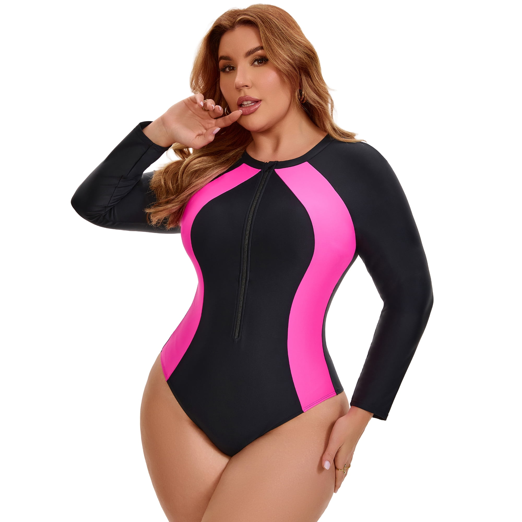 DARING DIVA Women's Plus Long Sleeve Zip Front Beach Swimsuit 2X Black Fuchsia