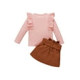 thumbnail image 2 of Xingqing Toddler Baby Girls Fall Spring Outfits Knitted Ribbed Ruffle Long Sleeve Shirt Tops+Skirt Set Pink 2-3 Years, 2 of 9