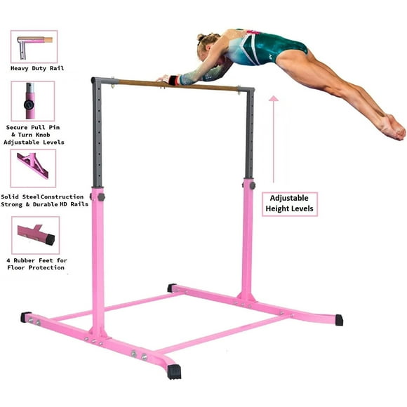 X-DANCE Gymnastic Bar Home Gymnastics Kip Bar, Height Adjustable Between 3 Ft to 5 FT, Professional Horizontal Bar Kip Bar for Kids and Teens Ages 3 to 14 Junior Gymnastics Premium Training Bar PINK
