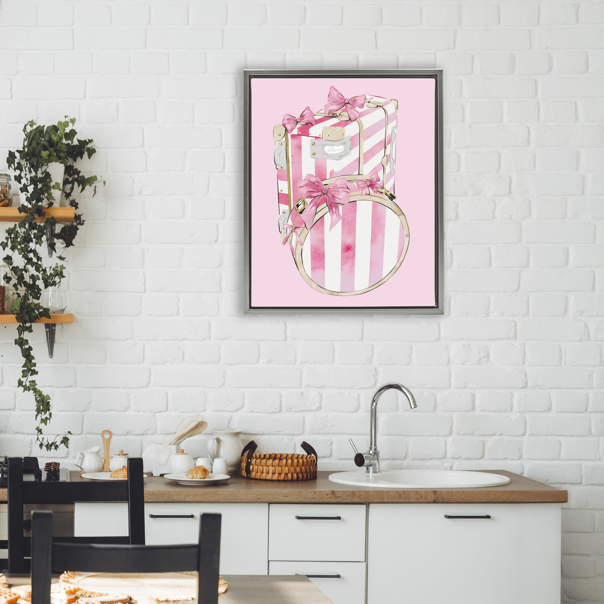Pastel Stripe Luggage Gray Framed Floater Canvas Wall Art, design by Ziwei Li