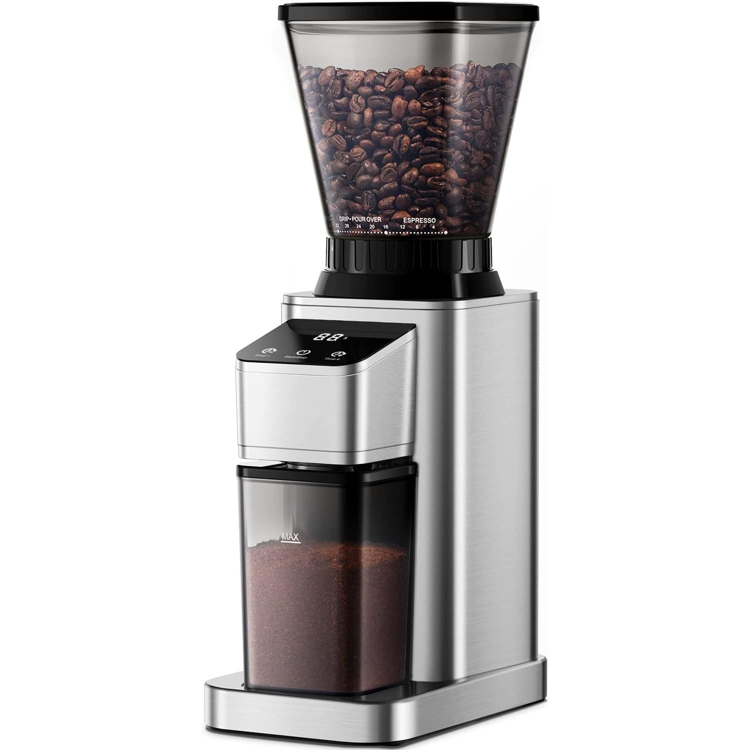 Professional Conical Burr Coffee Grinder, Coffee Bean Grinder with 48 Grind Settings for Espresso, Drip & French Press, Upgraded Anti-Static Technology, Precision Timer, Stainless Steel