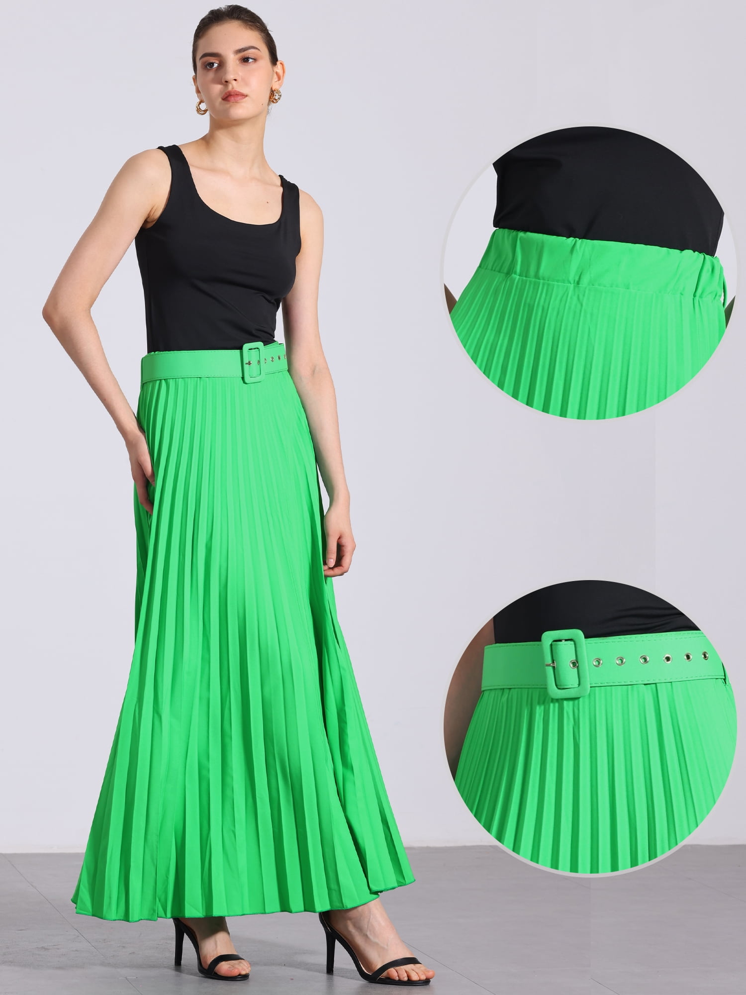 DARING DIVA Women's Elegnat Elastic High Waist Flowy A-Line Maxi Skirt 2XL Green