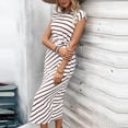 thumbnail image 5 of Women's Summer Cap Sleeve Crewneck Striped Dress Basic Solid Tie Waist office T Shirt Dresses Pockets Brown, 5 of 6