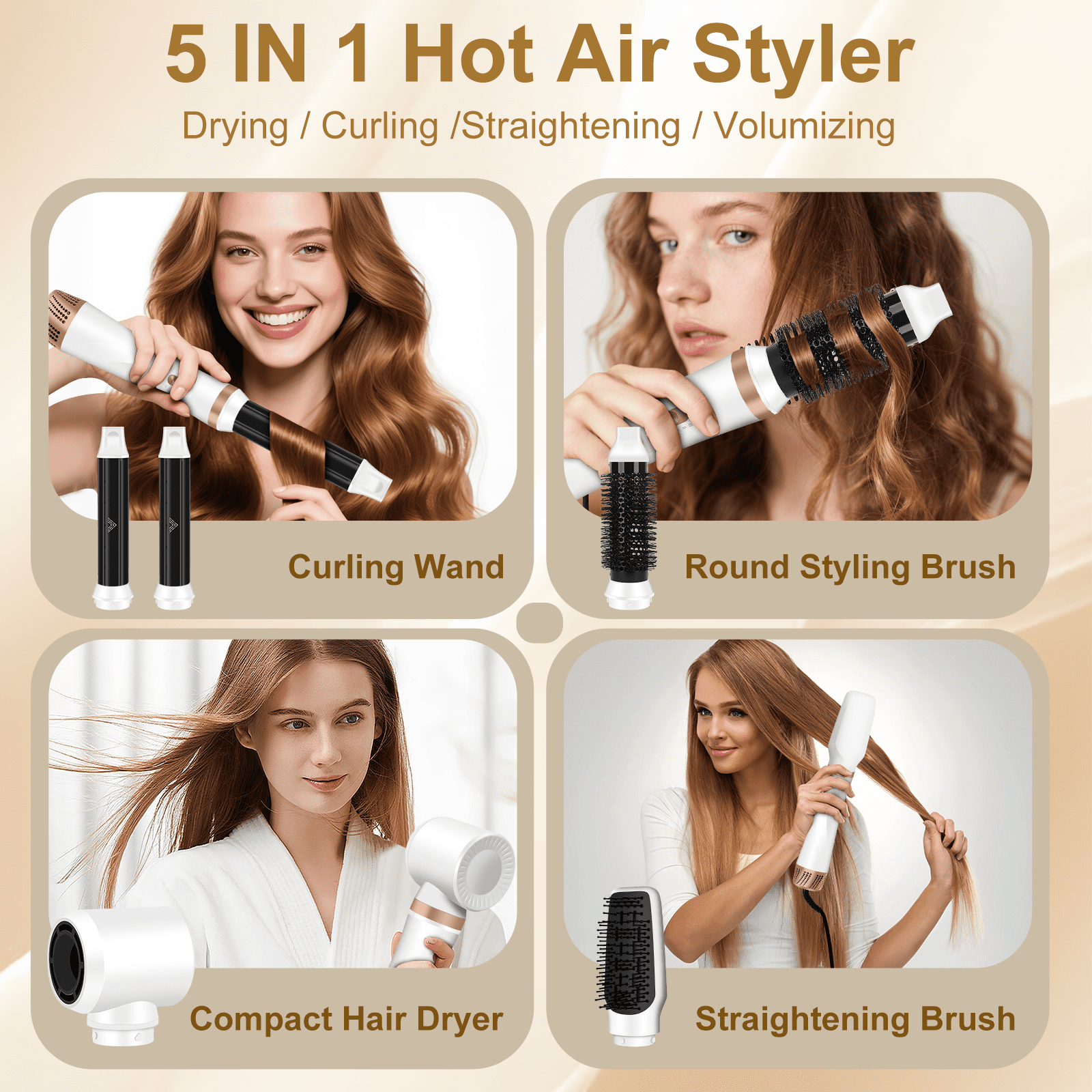 JIGUOOR Hair Dryer Brush Set, 5 in 1 Hot Air Blow Dryer Brush, Curling Iron, Hair Styling Tools for Drying, Curling, Straightening, Smoothing