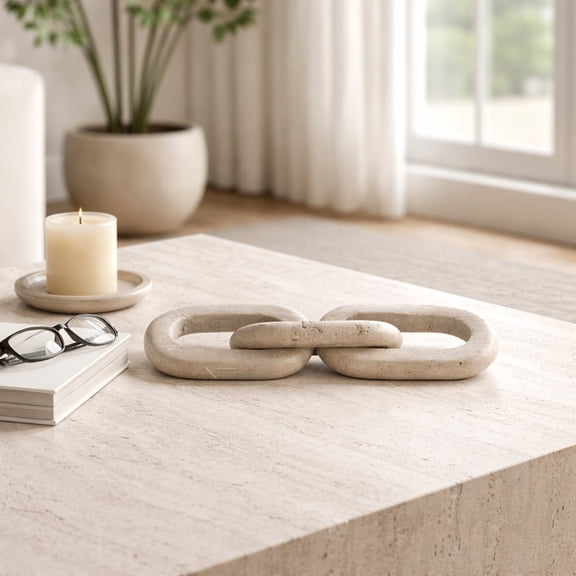 Chain Link Figurine for Home and Bathroom Decor - Stone Travertine Decorative Object for Office, Living Room, Shelf, and Coffee Table Ornaments - Sculpture Accent Display for Mantel - 3", Tan