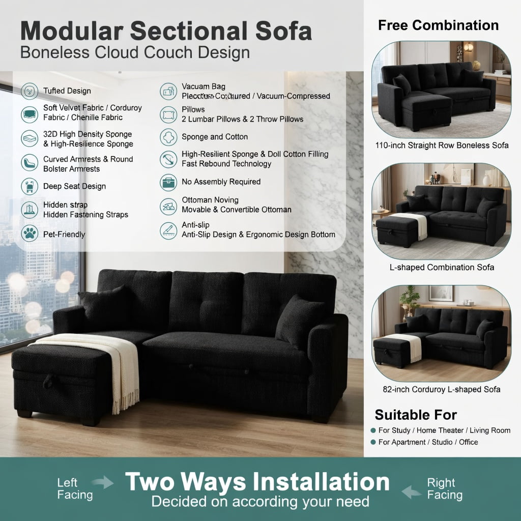 Hommoo Mid-Century Modern Sleeper Sectional Sofa, L-Shaped Convertible Sofa Bed with Reversible Chaise, Hidden Storage & Pull-Out Mattress, Small Space Living Room Furniture, Black