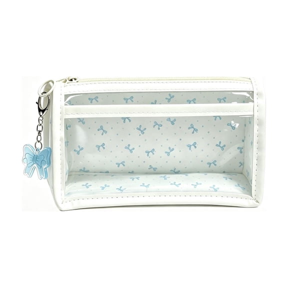 Double Layer Bow Pencil Pouch, Aesthetic Floral Pencil Case, Large Capacity Transparent PVC Stationery Pouch For Students, Travel Cosmetic Organizer 8.66x3.94in, Blue