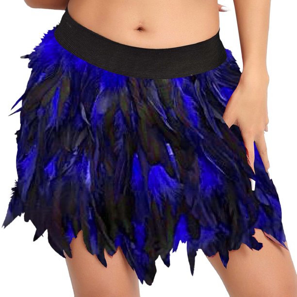 Gibobby faldas de lentejuelas para mujer Falda corta de medio cuerpo con plumas para mujer, ropa para el escenario europea y americana(Azul, XXL)