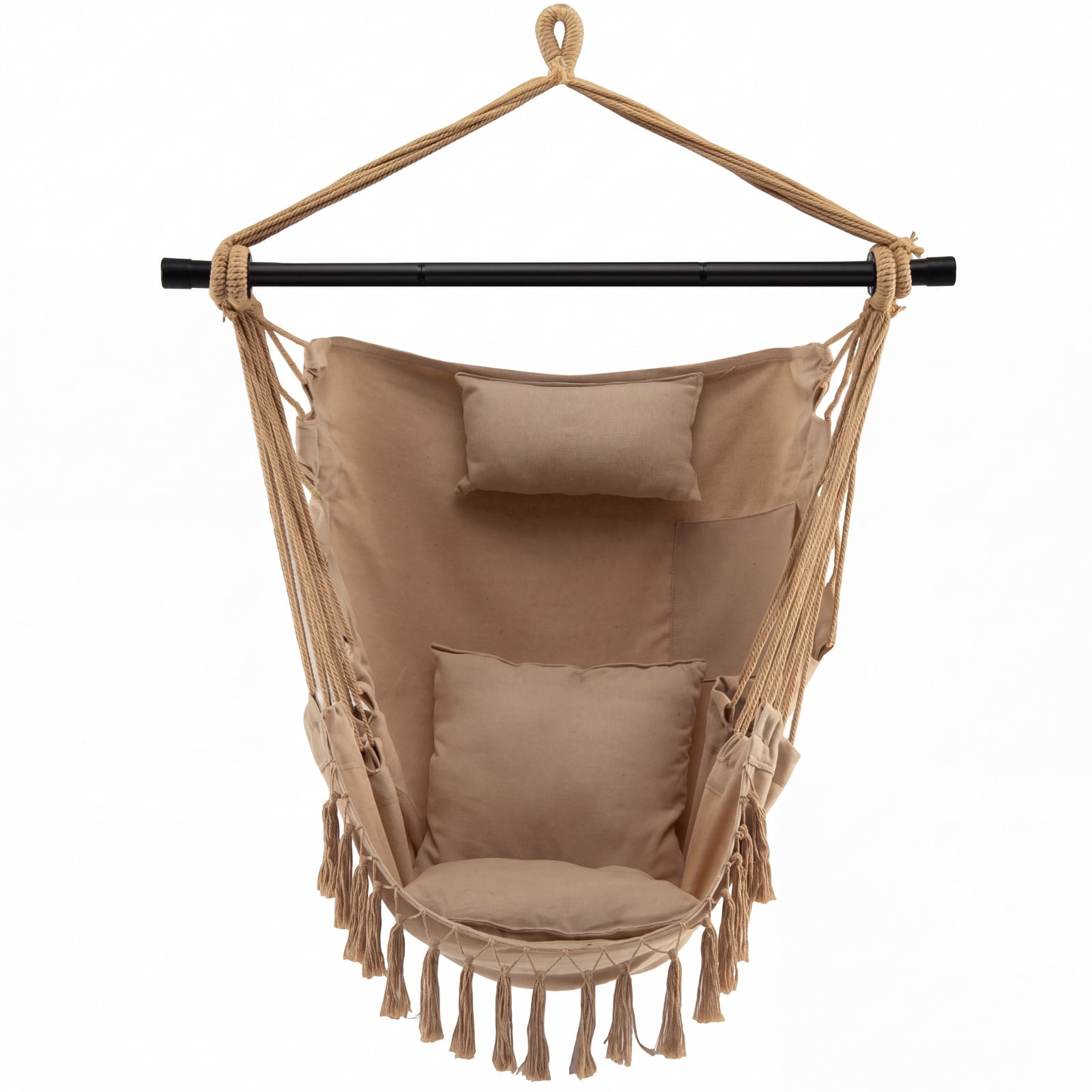 Furnibear Hanging Rope Swing Chair with Soft Pillow Two Removable Cushions Tassel Trim and Side Pocket for Patio Porch and Bedroom, Beige