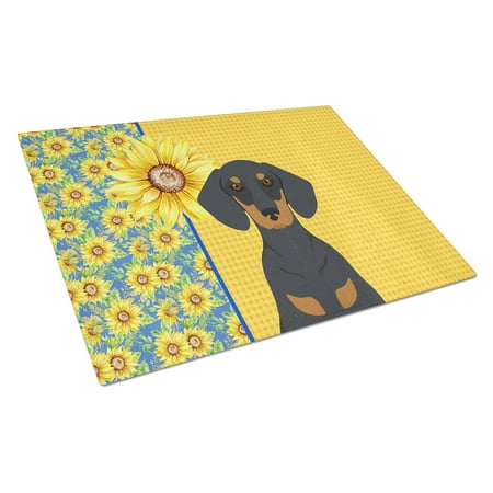 

Summer Sunflowers Black and Tan Dachshund Glass Cutting Board Large 12 in x 15 in