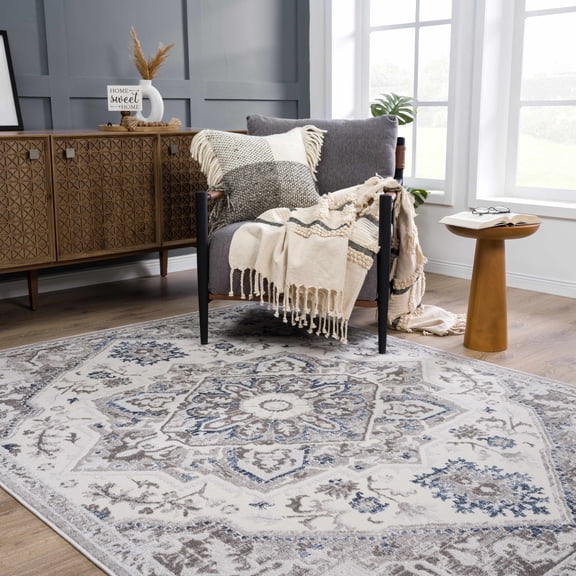 Hauteloom Bakir Living Room, Bedroom Area Rug - Traditional - High Pile - Gray, Blue - 5'2" x 7'